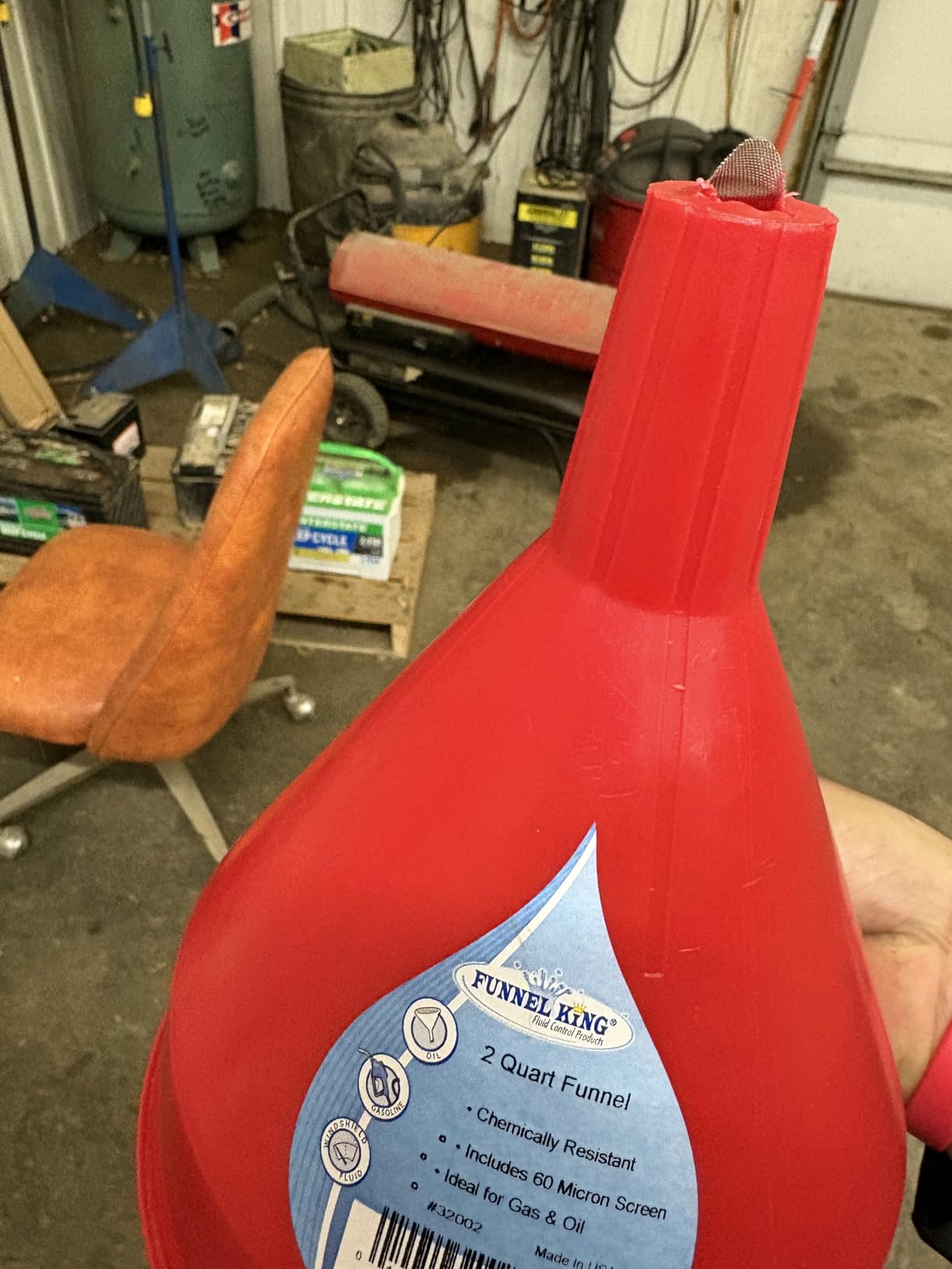 WirthCo 32002 Red Safety Funnel with Screen/Strainer Funnel for Oil, Fuel, Gas, and Automotive Large 2 Quart Capacity customer photo 2