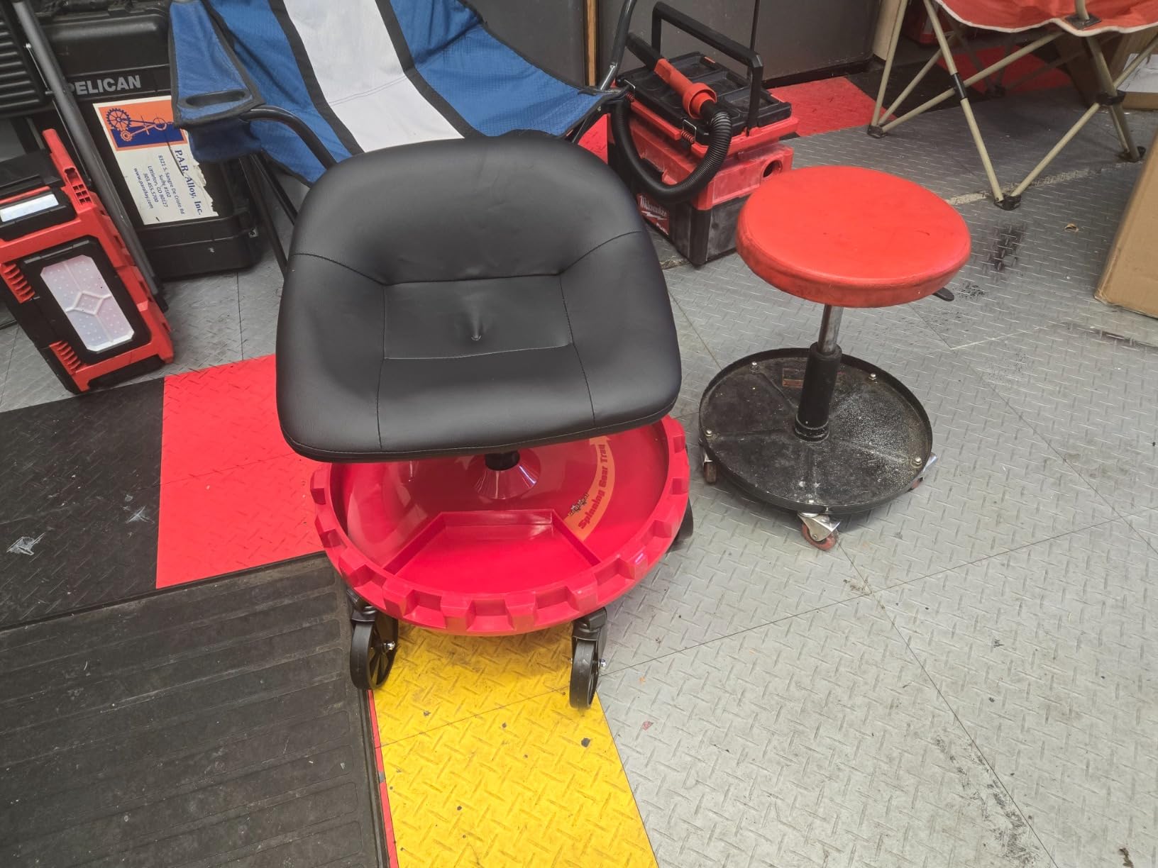 Traxion 2-230 Monster Rolling Padded Mechanic Stool Seat Garage Shop Roller Work Chair with Wheels and Tool Tray, Heavy-Duty 400-lb Capacity, All-Terrain 5