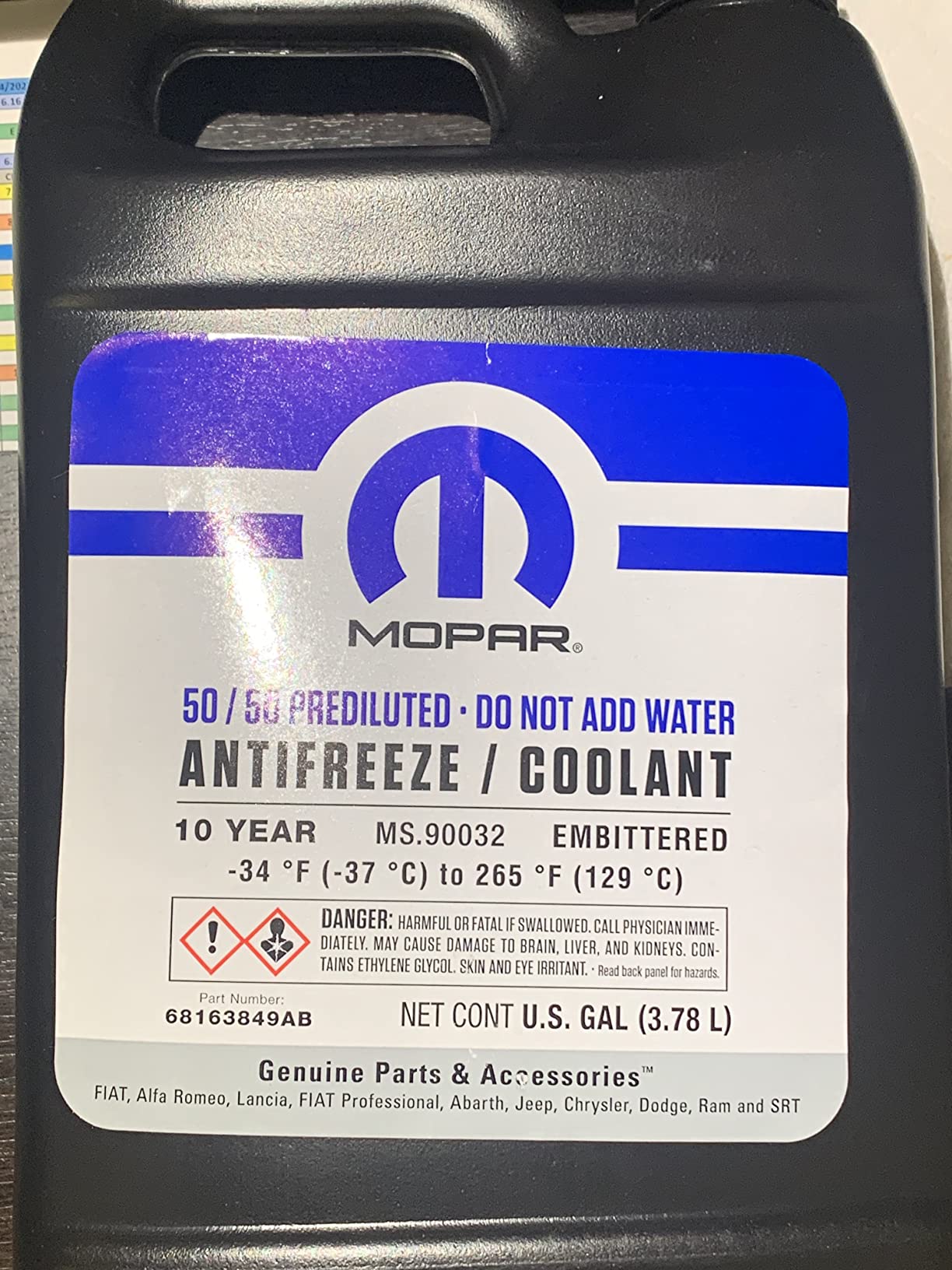 Mopar 68163849AB 10 Year/150,000 Mile Coolant 50/50 Premixed - Embittered, 1 Gallon customer photo 2
