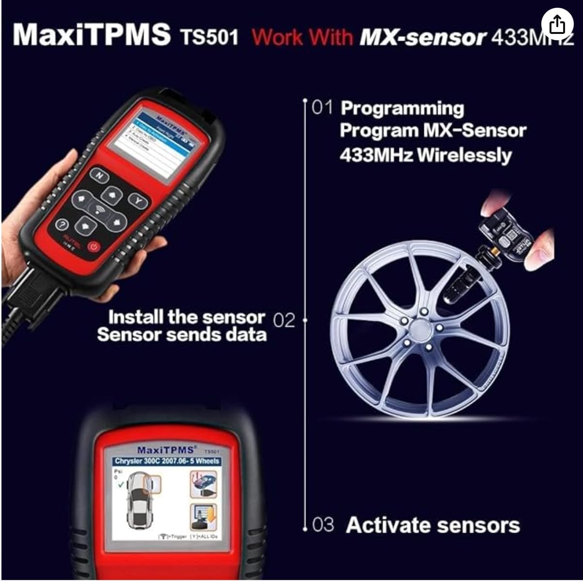 Autel MaxiTPMS TS501 PRO TPMS Programming Tool, Same as TS508, 2026 TPMS Relearn Tool Newer of TS501 TS408S, Activate Relearn 99% Sensors, Program Autel MX-Sensors [315/433MHz], TPMS Reset/Diagnosis customer photo 1