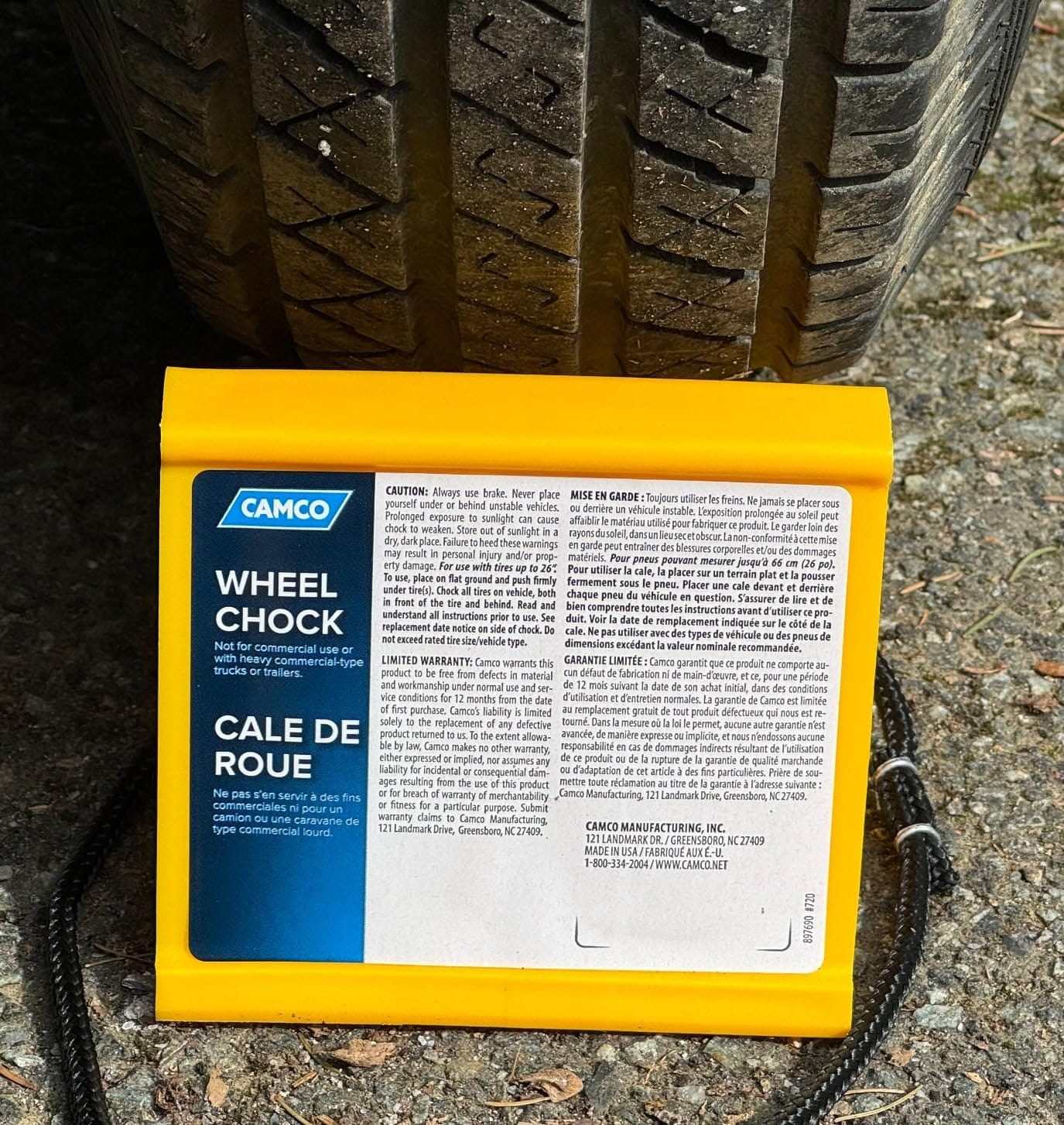 Camco Camper & RV Wheel Chock with Rope - Keeps Trailer in-Place to Safely Unhitch or Park - Compatible with Wheels Up to 26