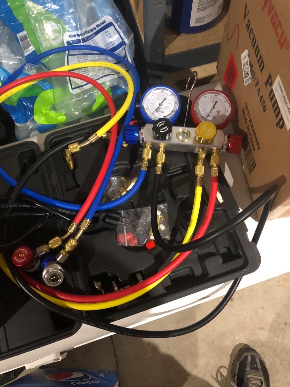 Orion Motor Tech 4 Way AC Gauge Set for R410a R22 R134a Refrigerant, 4 Valve Automotive AC Manifold with 5ft Hoses, R410a Adapters, Can Tap customer photo 1