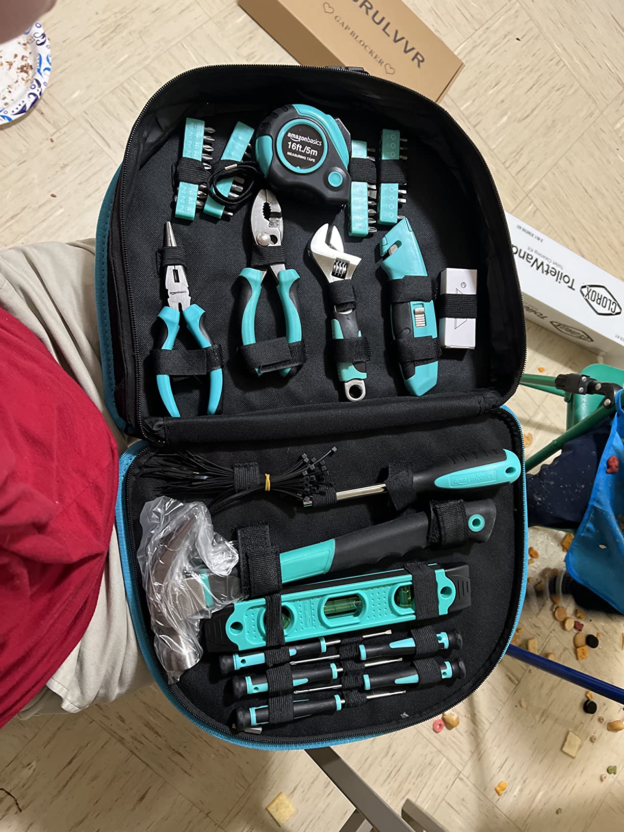 Amazon Basics 104-Piece Home Repair Household Tool Set with Easy Carrying Round Pouch, Portable Hand Tool Kit, Turquoise, 14.4 x 11.4 x 3 inches customer photo 2