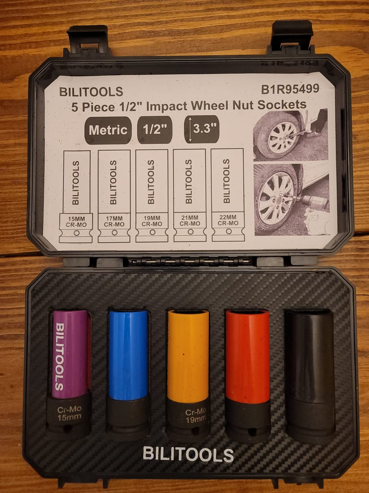 BILITOOLS 5pcs 1/2'' Drive Impact Lug Nut Socket Set, 15/17/19/21/22mm | Non-Marring Socket Set, CR-MO Steel, 6-Point Flank Drive, Color-Coded Sleeves, Scratch-Proof, fits Impact Wrenches customer photo 2