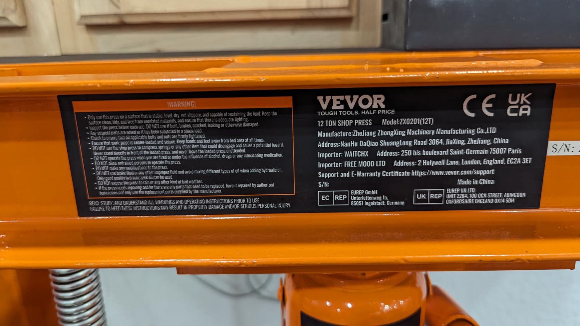 VEVOR Hydraulic 12 Ton H-Frame Garage Floor Adjustable Shop Press customer photo 2