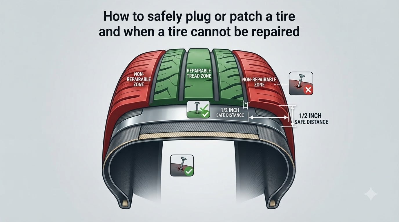 How to safely plug or patch a tire and when a tire cannot be repaired