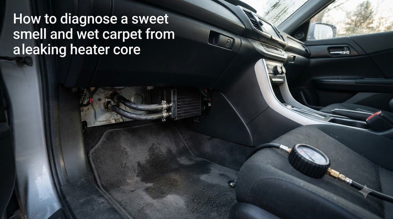 How to diagnose a sweet smell and wet carpet from a leaking heater core