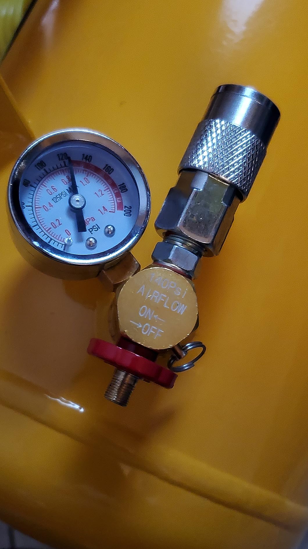 Performance Tool W10005 5-Gallon Portable Horizontal Air Tank | 125 PSI max pneumatic compressed air tank. Features industrial hose with tire air chuck, safety bypass valve, and on/off dial customer photo 2