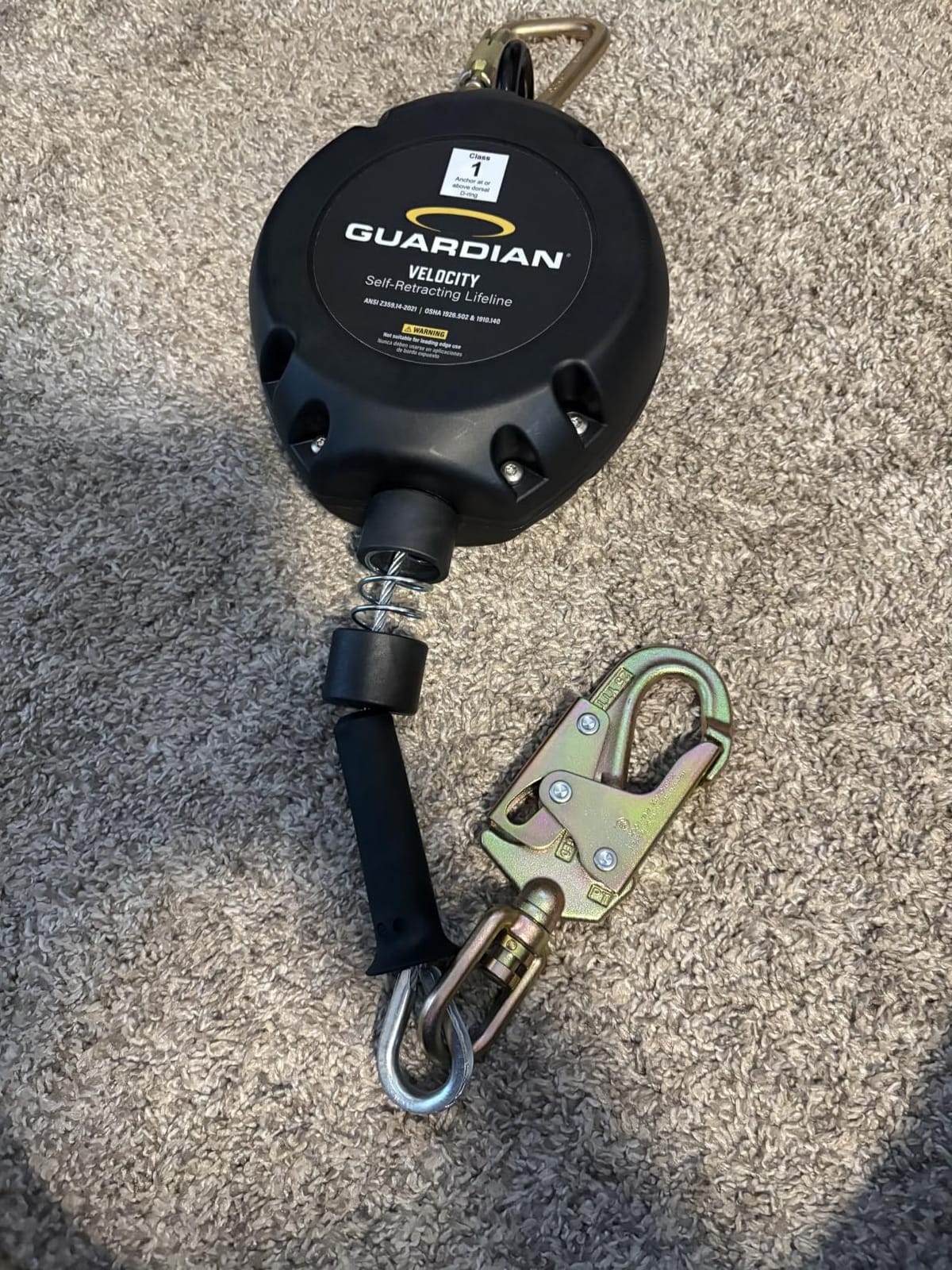 Guardian 42001 Velocity Class 1 Cable Self-Retracting Lifeline (SRL) with Carabiner | 20 ft | Class 1 | ANSI and OSHA Compliant customer photo 1