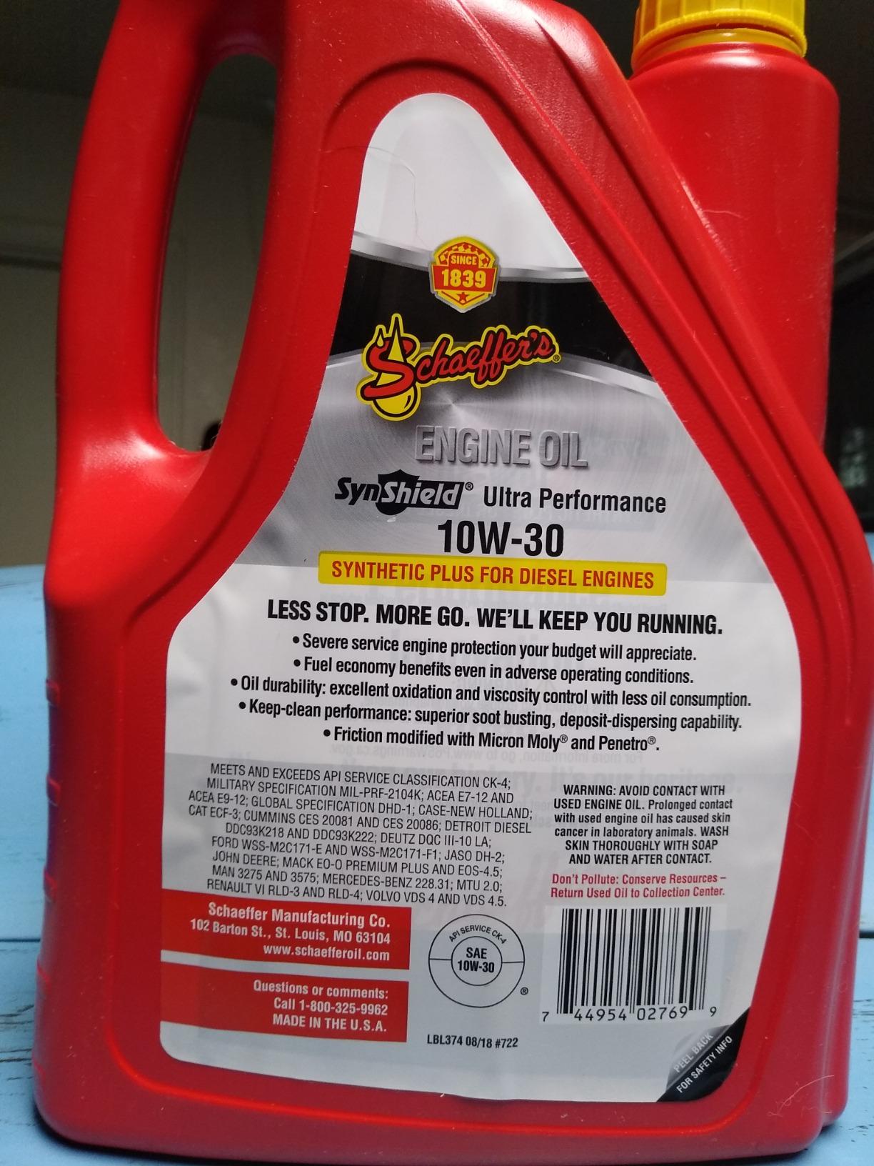 Schaeffer Manufacturing Co. 0722-006S SynShield Ultra Performance Diesel Engine Oil 10W-30, 1-Gallon Bottle customer photo 2