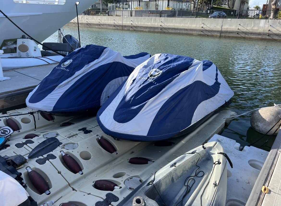 EliteShield Trailerable Jet Ski Cover, Heavy Duty Waterproof Marine Grade 600D Solution-Dyed Polyester PWC Cover, Fits Stand-up Jet Ski Blue/Gray Color Yamaha Superjet Kawasaki SX 650 750 SXi SXR 800 customer photo 1