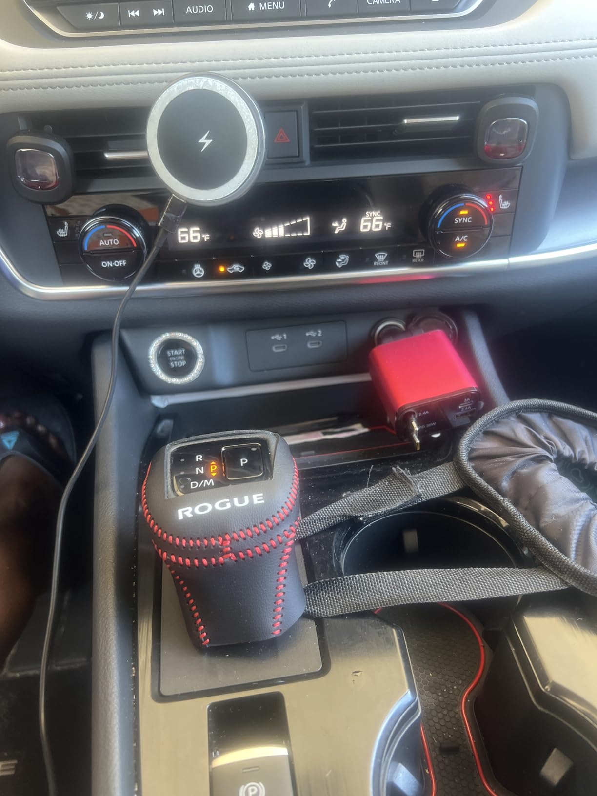 XITER with Rogue Logo Automatic Gear Shift Knob Cover Leather Boots Shift Lever Protector Trim for Nissan Rogue 2021 2022 2023 2024 2025 2026 Interior Accessories(Red+Black) customer photo 2
