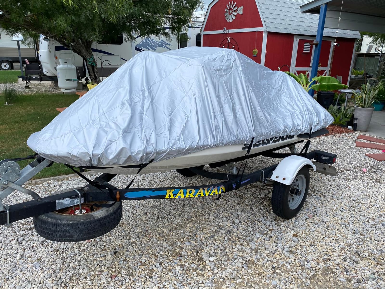 iCOVER Jet Ski Cover- Water Proof Heavy Duty Trailerable Personal Watercraft Covers for Seadoo Kawasaki Yamaha Wave Runner, Fits PWC Models Up to 145in Long customer photo 1