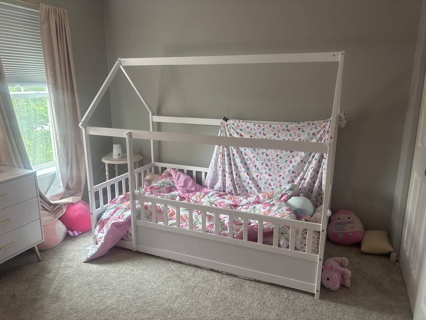 Kids Montessori Bed Twin Size, Twin Floor Bed with High Fence, House Beds for Kids, Girls, Boys, Wood Montessori Floor Beds Without Slats(White Twin) customer photo 1