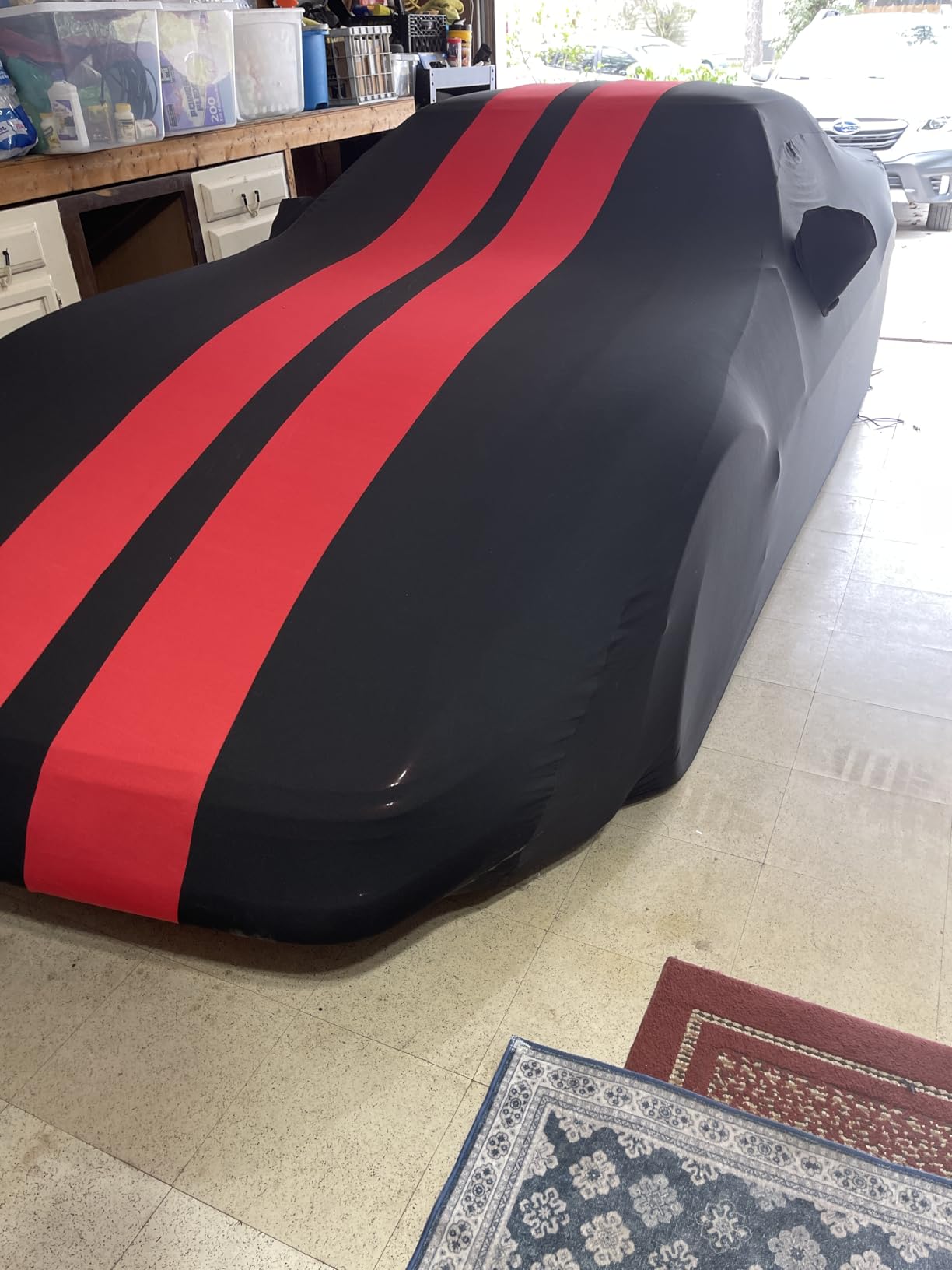 Indoor Car Cover Compatible with Protection Fit 169-187 Inch Sedan Breathable Dust-Proof Stretch Cover for Underground Garage, Car Show(Black+Red) customer photo 1