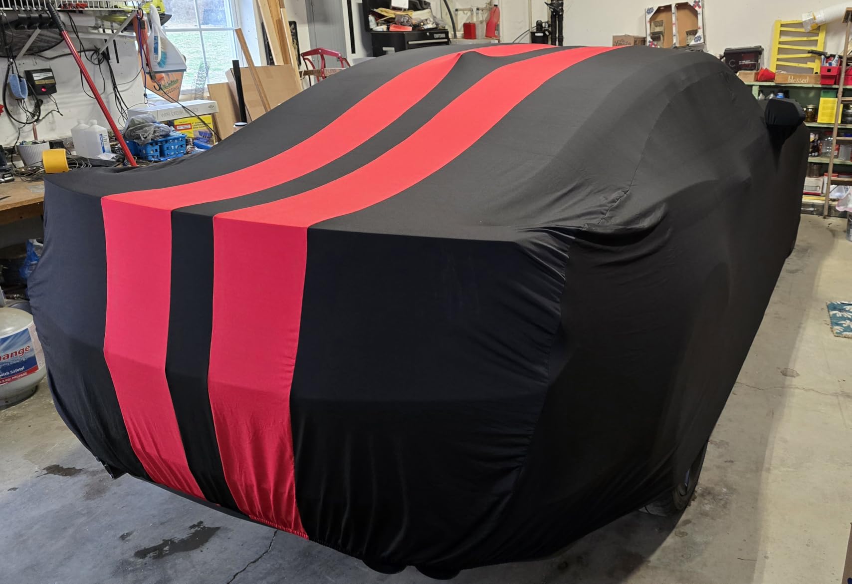 Indoor Car Cover Compatible with Protection Fit 169-187 Inch Sedan Breathable Dust-Proof Stretch Cover for Underground Garage, Car Show(Black+Red) customer photo 2
