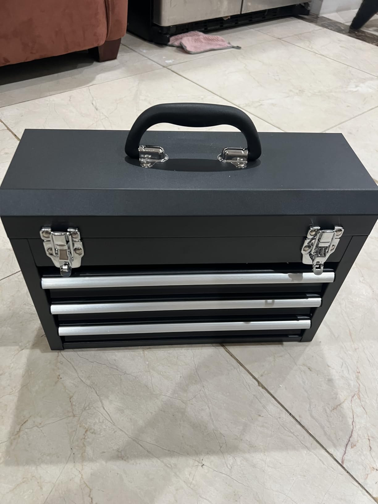 Portable Metal Tool Box – 3 Drawers Lockable Mini Toolbox, Heavy-Duty Tool Chest for Workshop & Garage (Black) customer photo 1