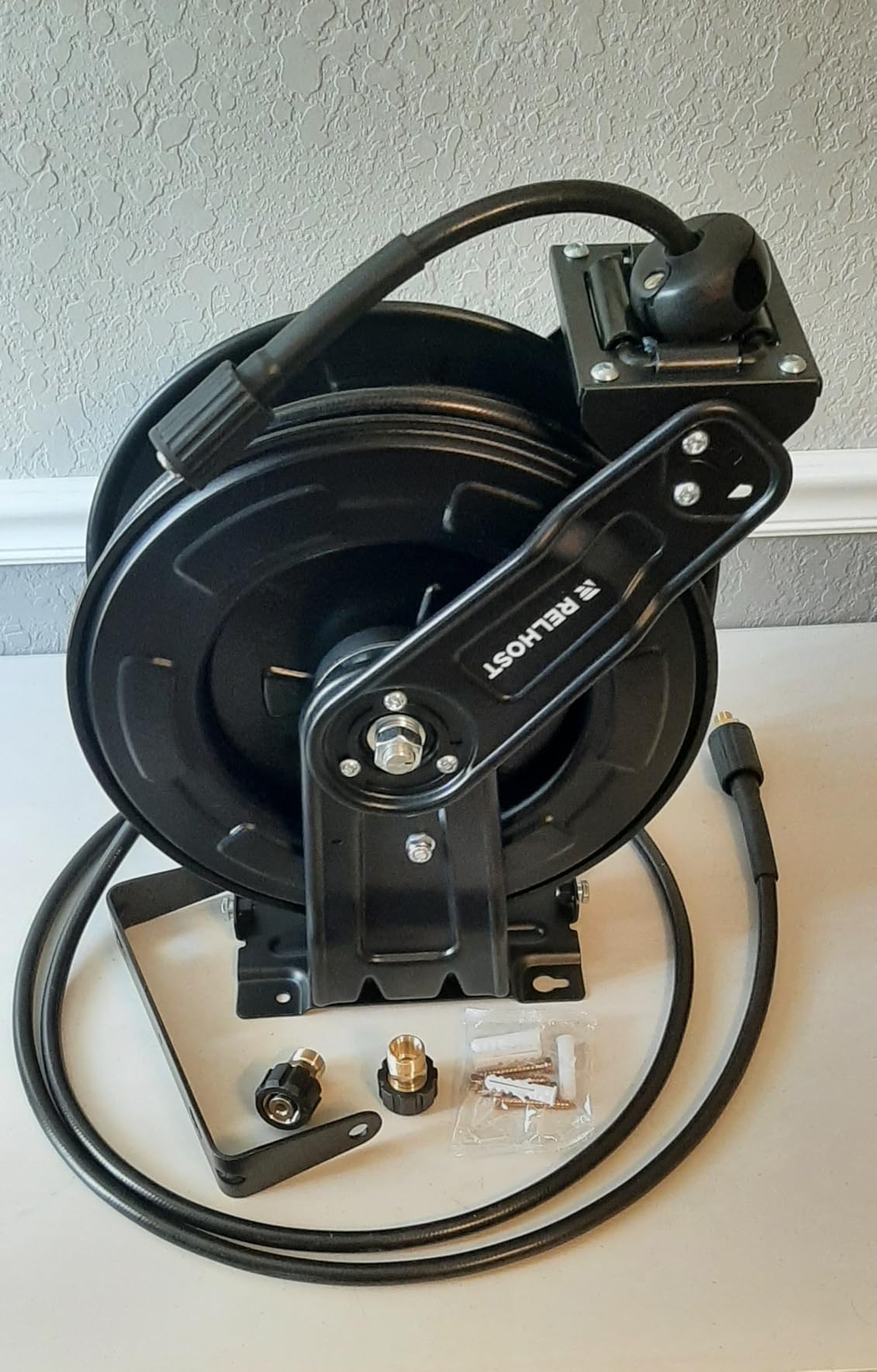 Relhost Pressure Washer Hose Reel, 65 ft x 1/4 inch Retractable Power Washer Hose Reel, Heavy Duty Steel Hose Reel with Dual Arms, Auto Rewind, 180° Swivel Ceiling customer photo 1