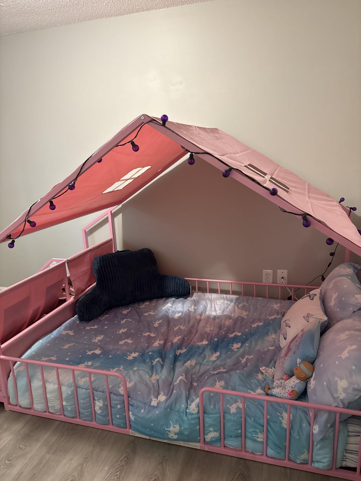 Montessori Twin Floor Bed, Safety Guardrail, Reading Nook,House Shape,White customer photo 1