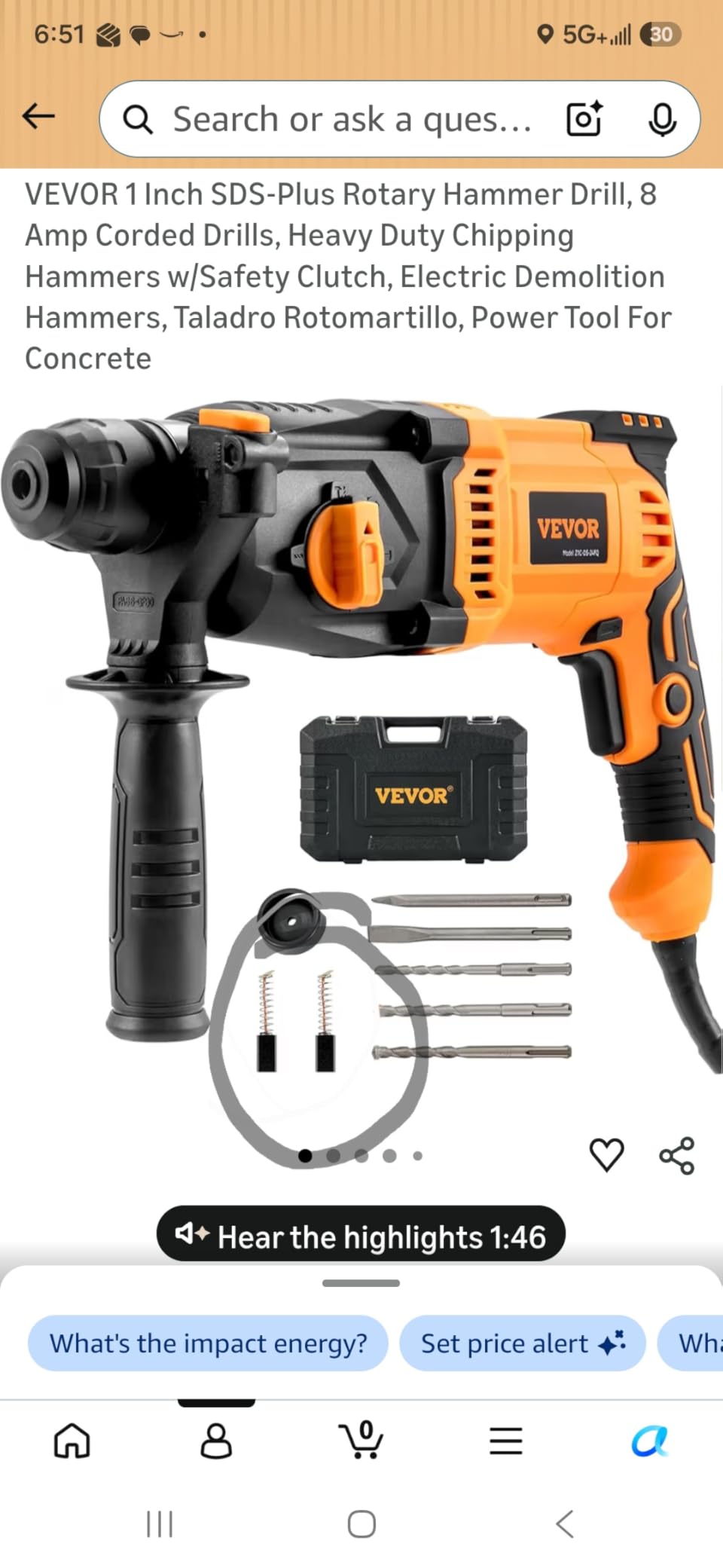 VEVOR Rotary Hammer Drill, 1-9/16 in SDS-Max Cordless, Heavy Duty 20V Battery Powered Rotary Hammer, Including 2 Batteries, Charger, Drill Bit, Pointed Chisel, Carrying Case, for Concrete, Masonry customer photo 1