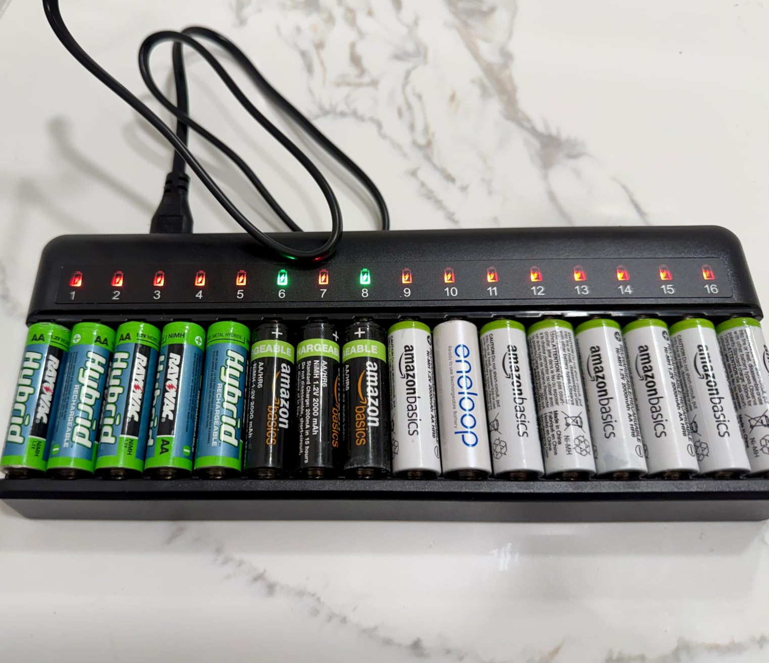 BONAI AA AAA Battery Charger 16 Bay for NiMH Rechargeable Batteries Independent Control with LED Light and Standard American AC Charging Plug, Battery not Included - Black customer photo 2