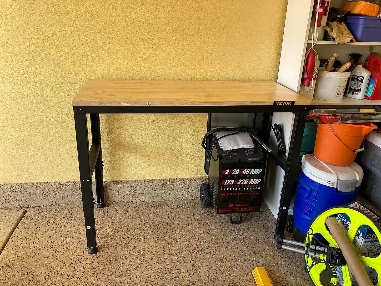 VEVOR 60-inch Adjustable Workbench, 1500 lbs Load Capacity, Garage Workbench with Drawer, Power Outlet, Wheels, and Pegboard, Heavy Duty Oak Wood Top Work Table for Garage, Workshop, Office, and Home customer photo 2
